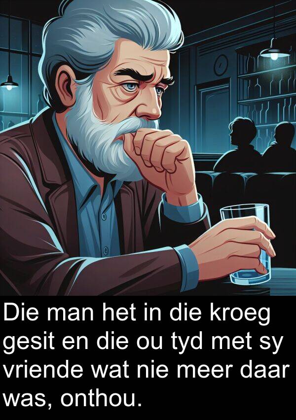 onthou: Die man het in die kroeg gesit en die ou tyd met sy vriende wat nie meer daar was, onthou.