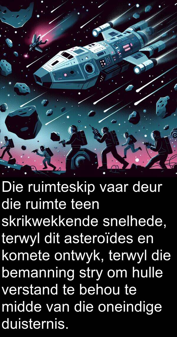 bemanning: Die ruimteskip vaar deur die ruimte teen skrikwekkende snelhede, terwyl dit asteroïdes en komete ontwyk, terwyl die bemanning stry om hulle verstand te behou te midde van die oneindige duisternis.