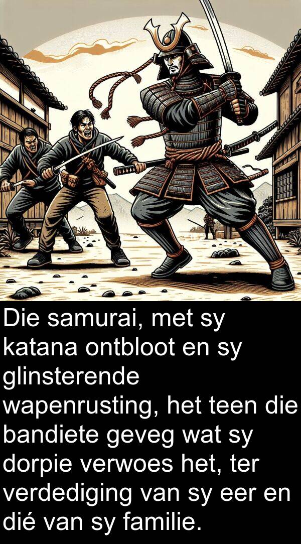 ter: Die samurai, met sy katana ontbloot en sy glinsterende wapenrusting, het teen die bandiete geveg wat sy dorpie verwoes het, ter verdediging van sy eer en dié van sy familie.