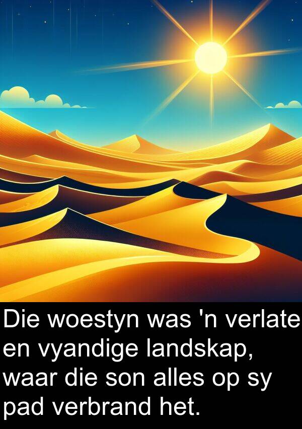 pad: Die woestyn was 'n verlate en vyandige landskap, waar die son alles op sy pad verbrand het.