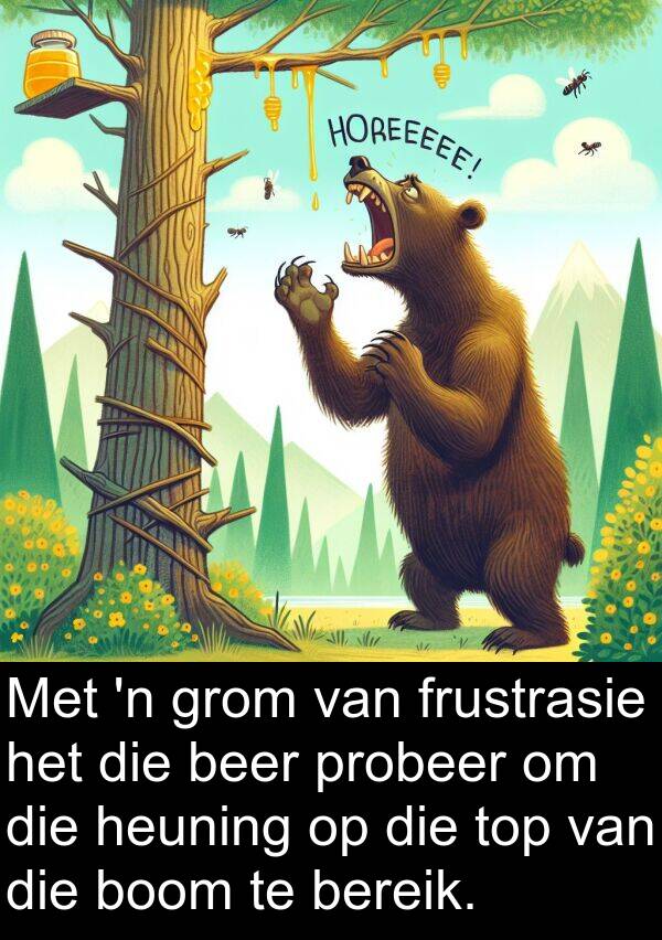 beer: Met 'n grom van frustrasie het die beer probeer om die heuning op die top van die boom te bereik.