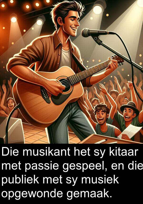 passie: Die musikant het sy kitaar met passie gespeel, en die publiek met sy musiek opgewonde gemaak.