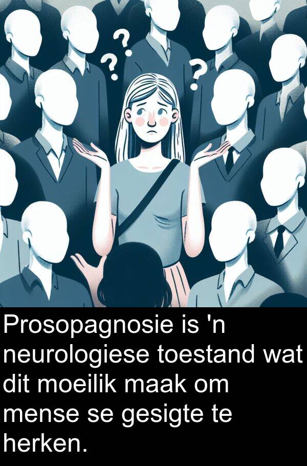 toestand: Prosopagnosie is 'n neurologiese toestand wat dit moeilik maak om mense se gesigte te herken.