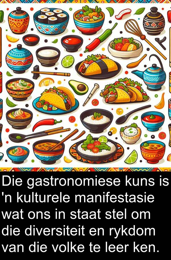 gastronomiese: Die gastronomiese kuns is 'n kulturele manifestasie wat ons in staat stel om die diversiteit en rykdom van die volke te leer ken.