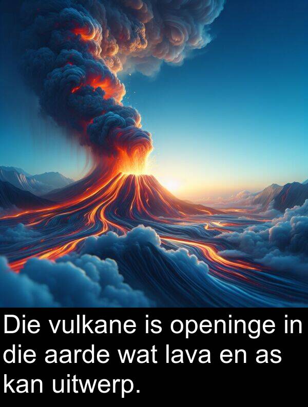 uitwerp: Die vulkane is openinge in die aarde wat lava en as kan uitwerp.