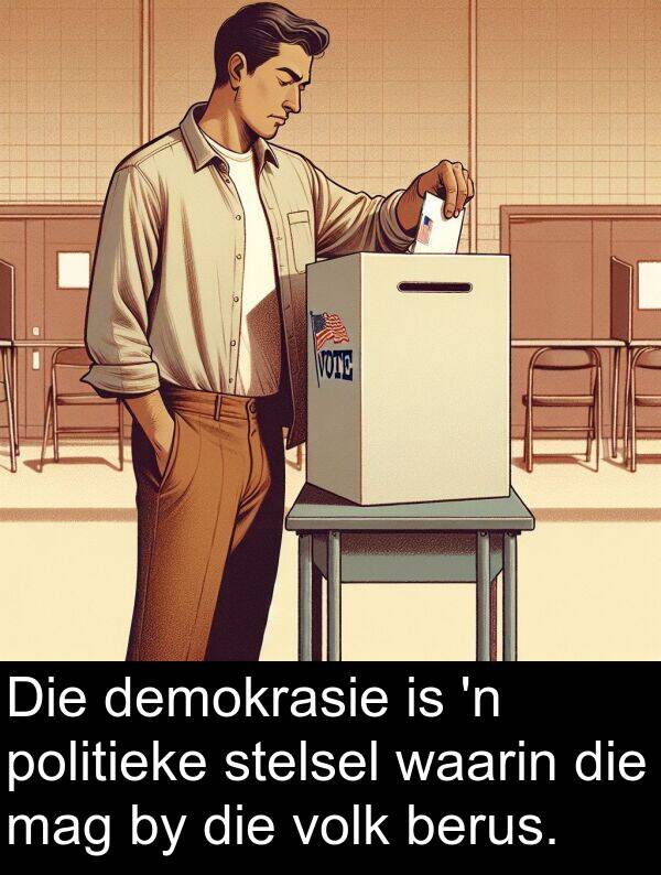 politieke: Die demokrasie is 'n politieke stelsel waarin die mag by die volk berus.