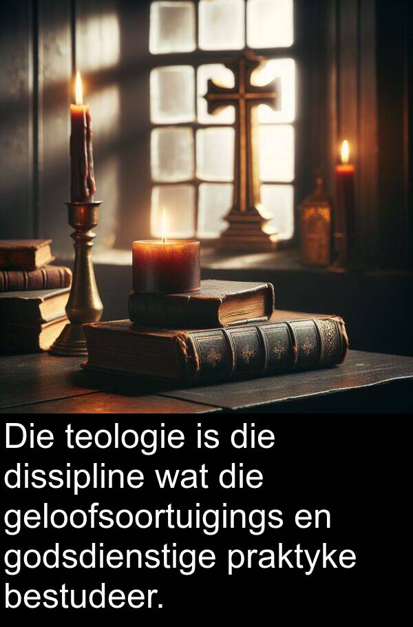 bestudeer: Die teologie is die dissipline wat die geloofsoortuigings en godsdienstige praktyke bestudeer.