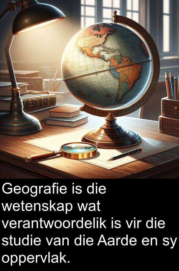 verantwoordelik: Geografie is die wetenskap wat verantwoordelik is vir die studie van die Aarde en sy oppervlak.