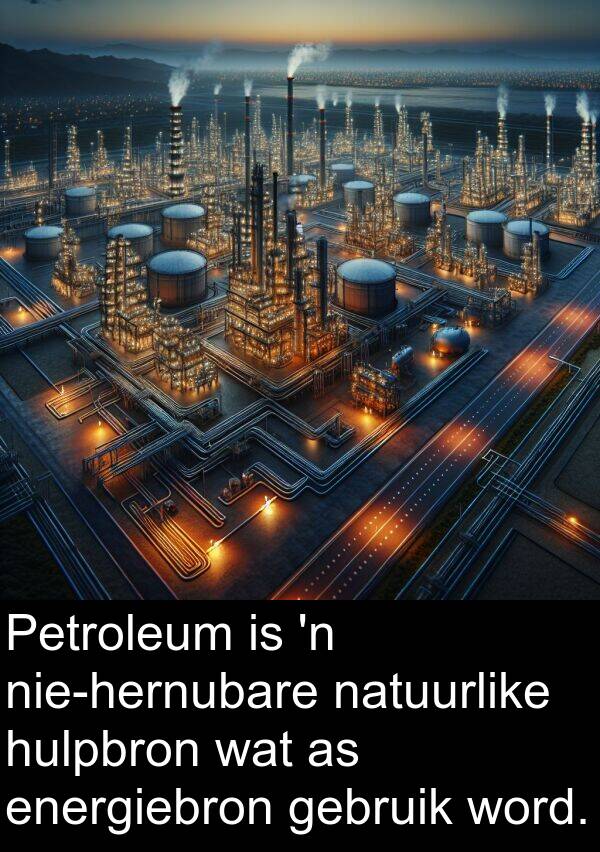 natuurlike: Petroleum is 'n nie-hernubare natuurlike hulpbron wat as energiebron gebruik word.