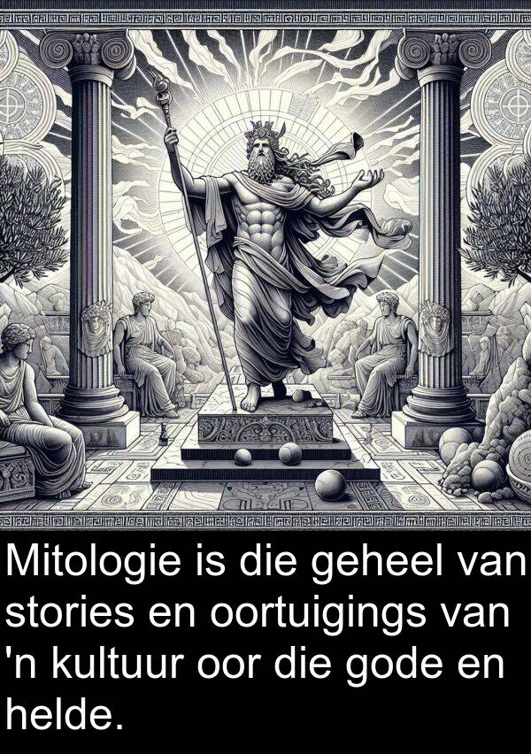 geheel: Mitologie is die geheel van stories en oortuigings van 'n kultuur oor die gode en helde.