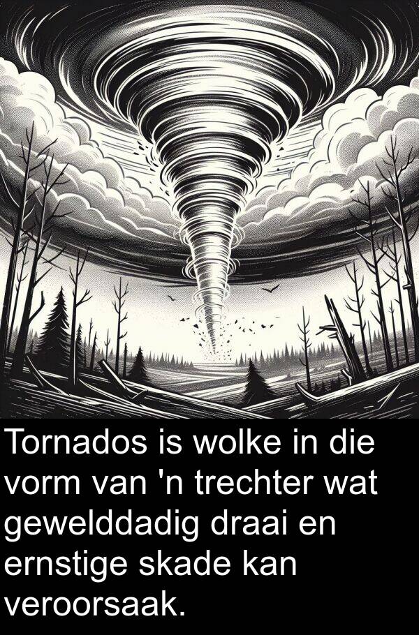 veroorsaak: Tornados is wolke in die vorm van 'n trechter wat gewelddadig draai en ernstige skade kan veroorsaak.