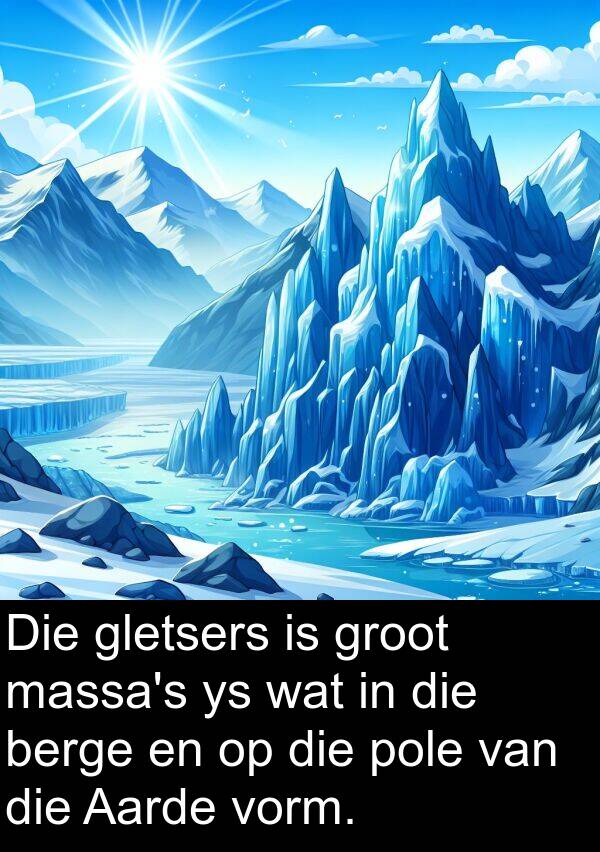 berge: Die gletsers is groot massa's ys wat in die berge en op die pole van die Aarde vorm.