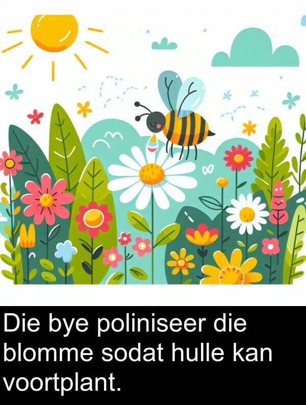 poliniseer: Die bye poliniseer die blomme sodat hulle kan voortplant.