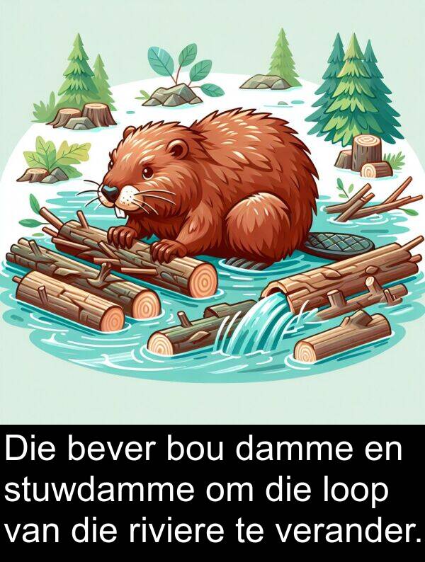 bever: Die bever bou damme en stuwdamme om die loop van die riviere te verander.