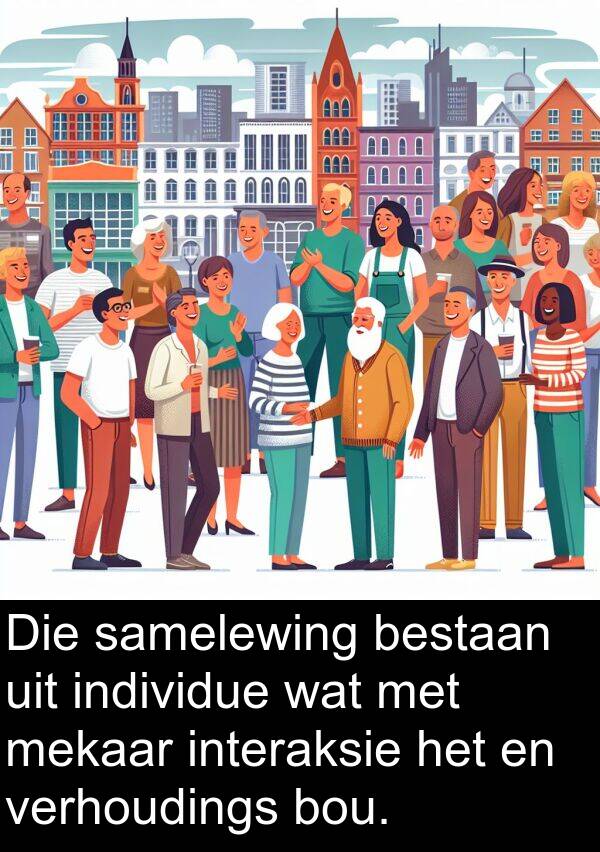 bestaan: Die samelewing bestaan uit individue wat met mekaar interaksie het en verhoudings bou.