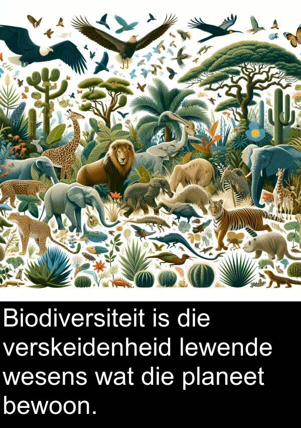 planeet: Biodiversiteit is die verskeidenheid lewende wesens wat die planeet bewoon.