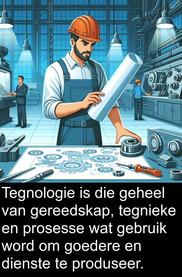 tegnieke: Tegnologie is die geheel van gereedskap, tegnieke en prosesse wat gebruik word om goedere en dienste te produseer.