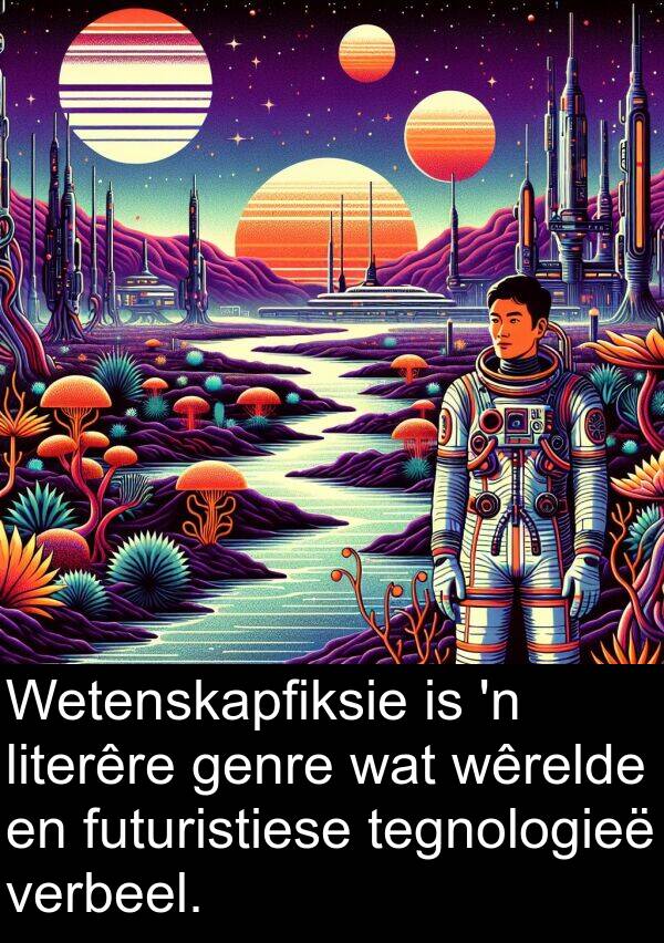 futuristiese: Wetenskapfiksie is 'n literêre genre wat wêrelde en futuristiese tegnologieë verbeel.