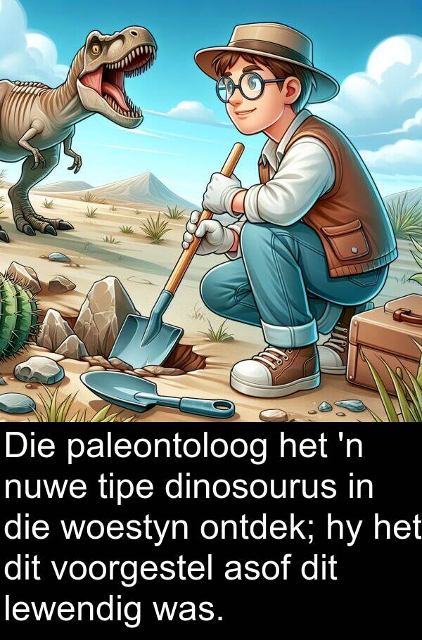 tipe: Die paleontoloog het 'n nuwe tipe dinosourus in die woestyn ontdek; hy het dit voorgestel asof dit lewendig was.