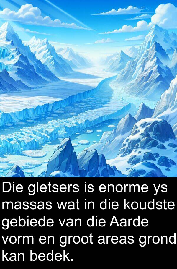 bedek: Die gletsers is enorme ys massas wat in die koudste gebiede van die Aarde vorm en groot areas grond kan bedek.