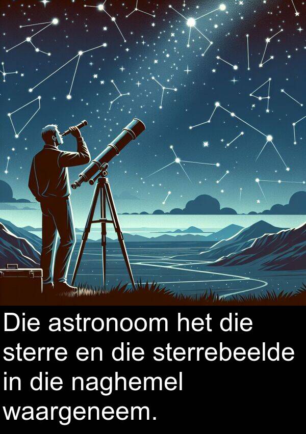 naghemel: Die astronoom het die sterre en die sterrebeelde in die naghemel waargeneem.