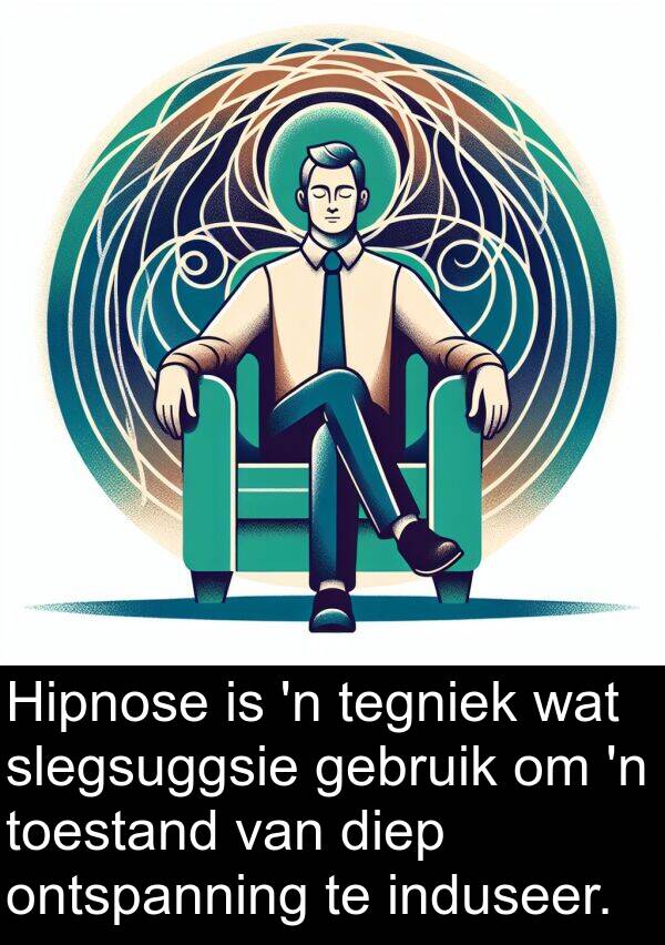 toestand: Hipnose is 'n tegniek wat slegsuggsie gebruik om 'n toestand van diep ontspanning te induseer.