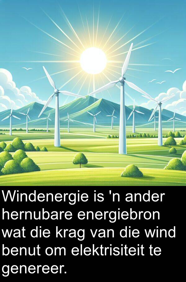 benut: Windenergie is 'n ander hernubare energiebron wat die krag van die wind benut om elektrisiteit te genereer.