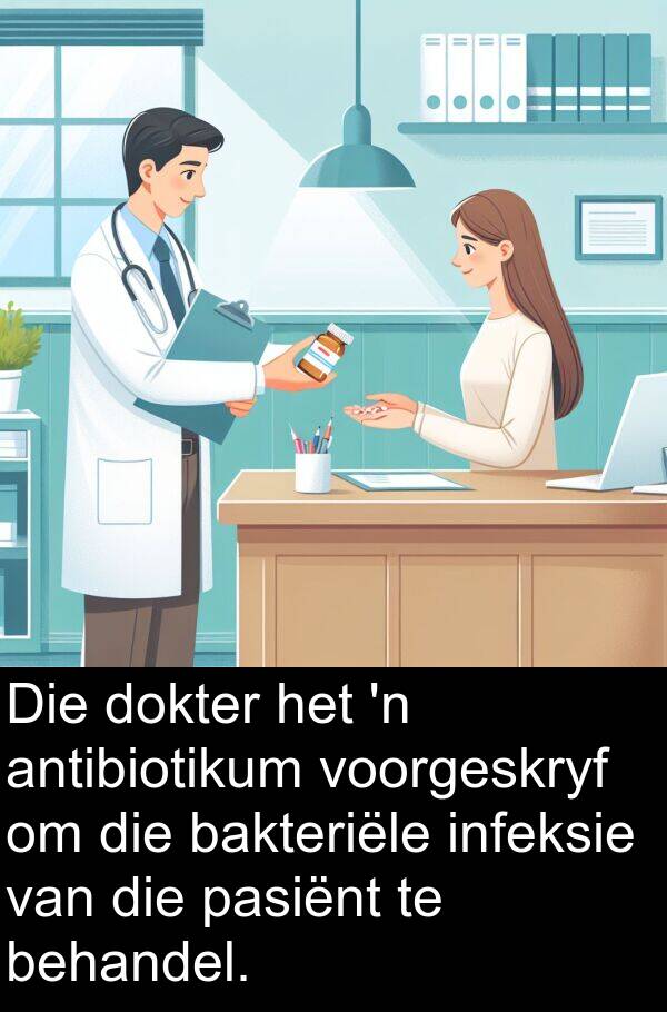 bakteriële: Die dokter het 'n antibiotikum voorgeskryf om die bakteriële infeksie van die pasiënt te behandel.