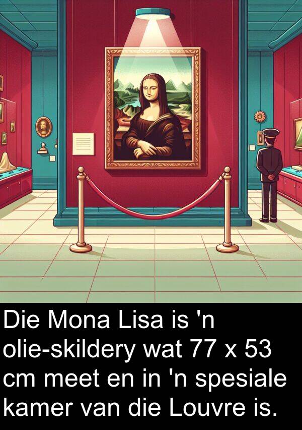 kamer: Die Mona Lisa is 'n olie-skildery wat 77 x 53 cm meet en in 'n spesiale kamer van die Louvre is.