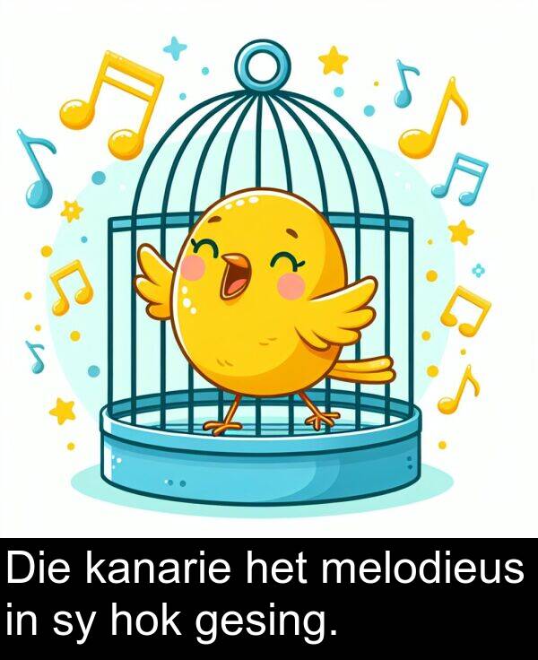 hok: Die kanarie het melodieus in sy hok gesing.