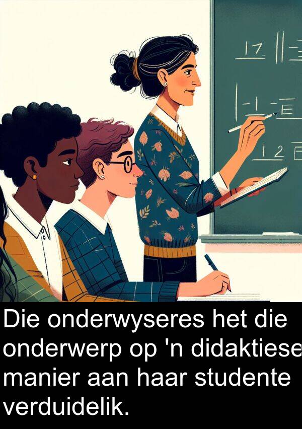 manier: Die onderwyseres het die onderwerp op 'n didaktiese manier aan haar studente verduidelik.