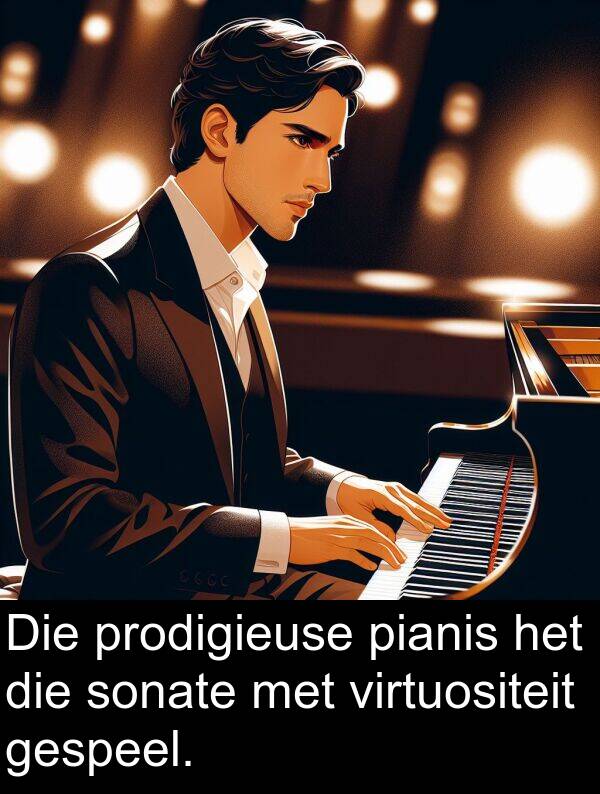 pianis: Die prodigieuse pianis het die sonate met virtuositeit gespeel.