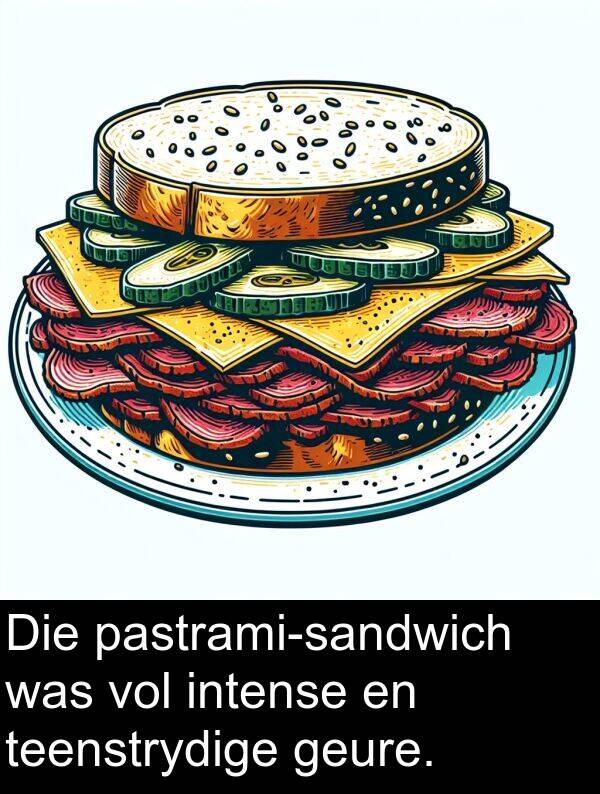 teenstrydige: Die pastrami-sandwich was vol intense en teenstrydige geure.