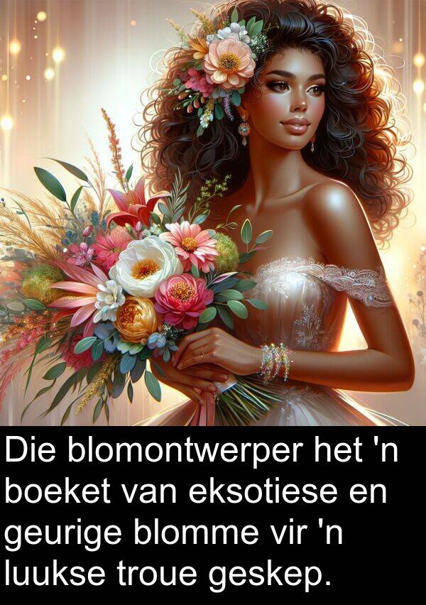 troue: Die blomontwerper het 'n boeket van eksotiese en geurige blomme vir 'n luukse troue geskep.