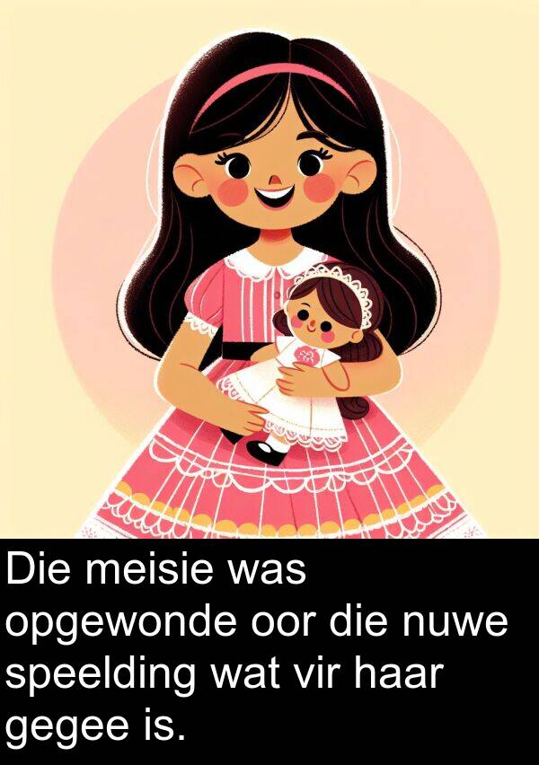 nuwe: Die meisie was opgewonde oor die nuwe speelding wat vir haar gegee is.