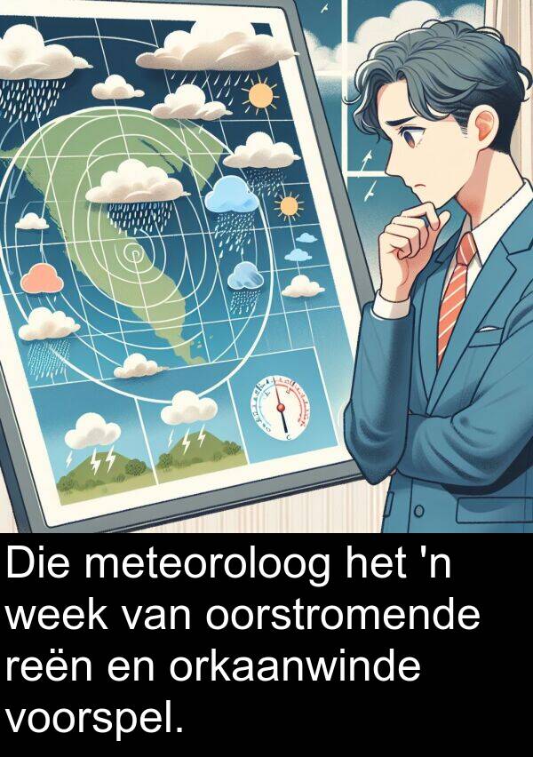 meteoroloog: Die meteoroloog het 'n week van oorstromende reën en orkaanwinde voorspel.