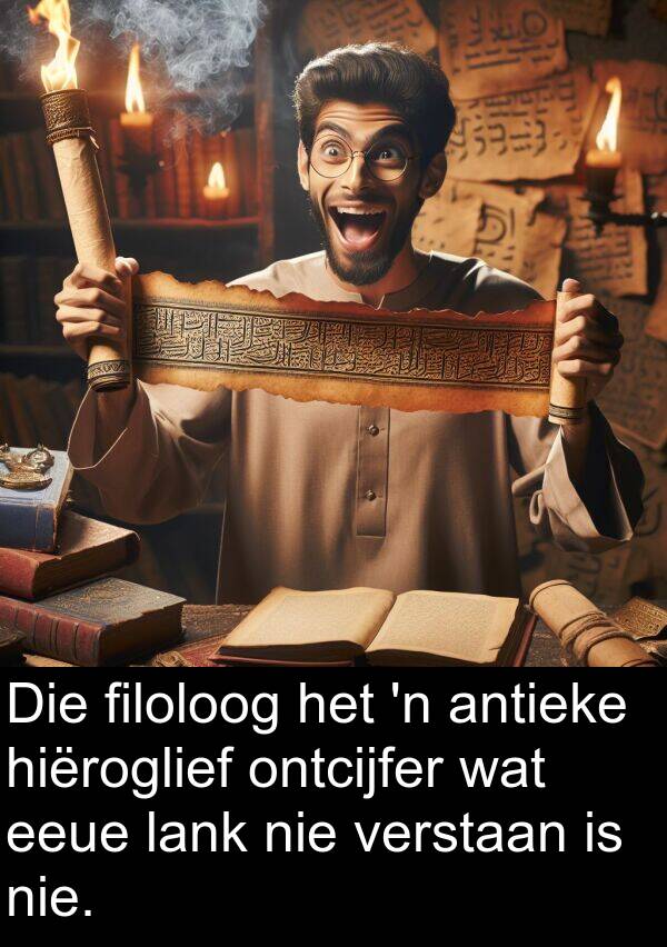 filoloog: Die filoloog het 'n antieke hiëroglief ontcijfer wat eeue lank nie verstaan is nie.