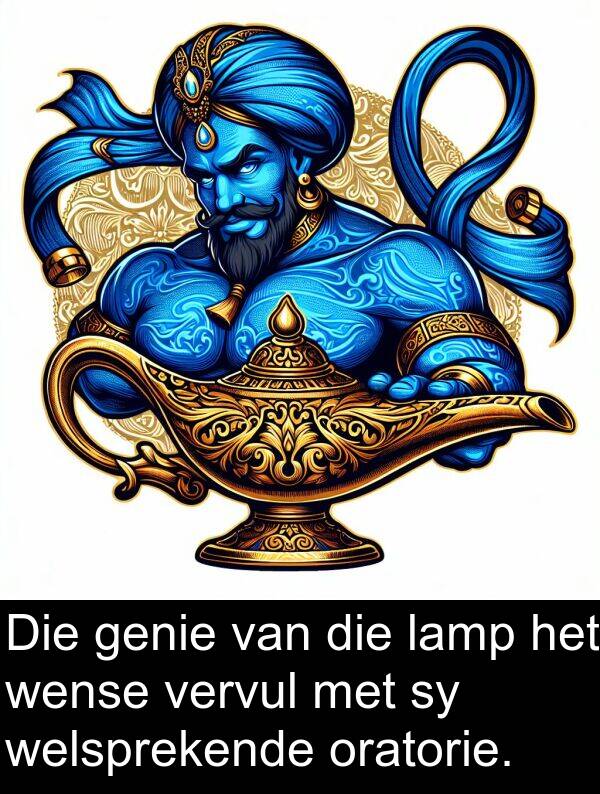 welsprekende: Die genie van die lamp het wense vervul met sy welsprekende oratorie.