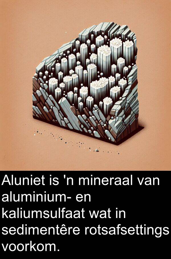 rotsafsettings: Aluniet is 'n mineraal van aluminium- en kaliumsulfaat wat in sedimentêre rotsafsettings voorkom.