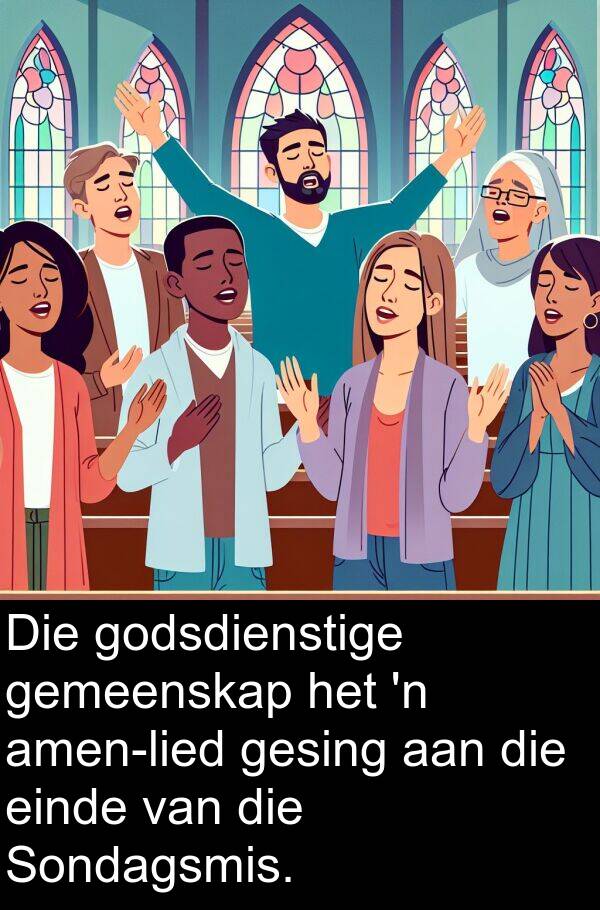 einde: Die godsdienstige gemeenskap het 'n amen-lied gesing aan die einde van die Sondagsmis.