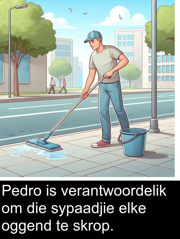 oggend: Pedro is verantwoordelik om die sypaadjie elke oggend te skrop.