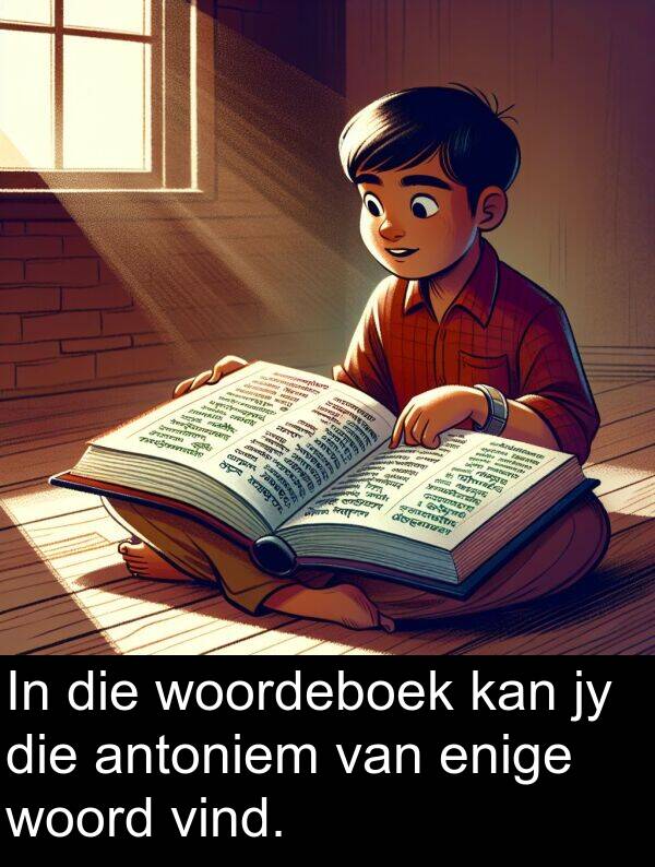 woord: In die woordeboek kan jy die antoniem van enige woord vind.