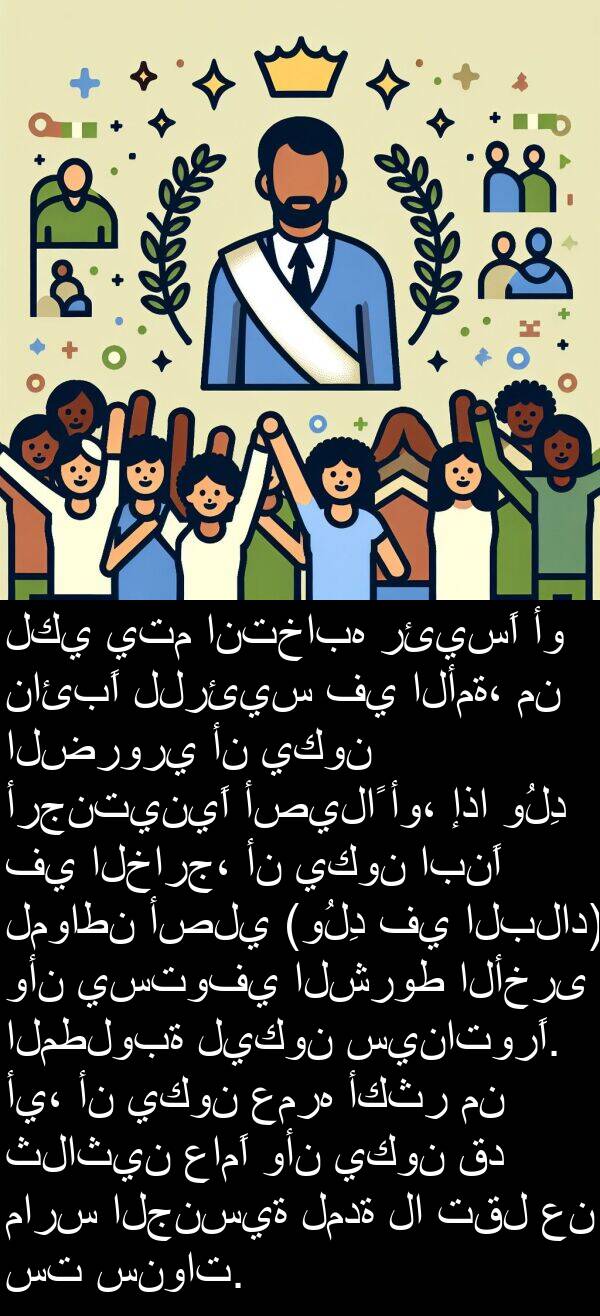 ابنًا: لكي يتم انتخابه رئيسًا أو نائبًا للرئيس في الأمة، من الضروري أن يكون أرجنتينيًا أصيلاً أو، إذا وُلِد في الخارج، أن يكون ابنًا لمواطن أصلي (وُلِد في البلاد) وأن يستوفي الشروط الأخرى المطلوبة ليكون سيناتورًا. أي، أن يكون عمره أكثر من ثلاثين عامًا وأن يكون قد مارس الجنسية لمدة لا تقل عن ست سنوات.