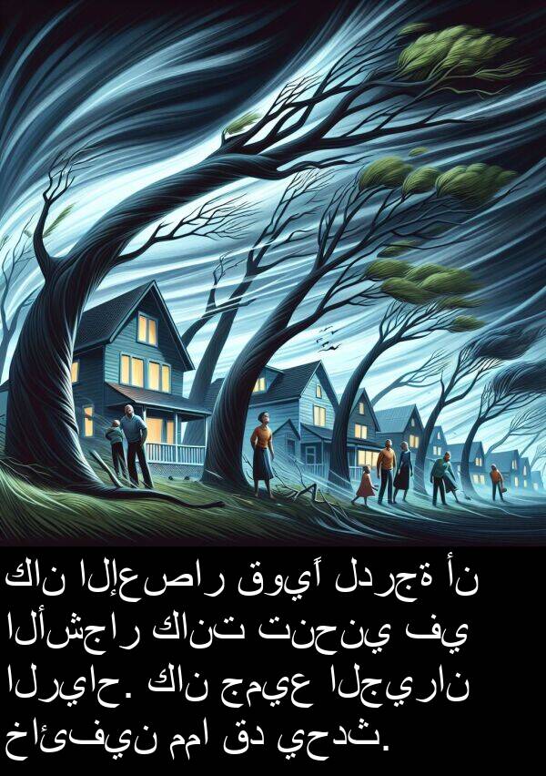 خائفين: كان الإعصار قويًا لدرجة أن الأشجار كانت تنحني في الرياح. كان جميع الجيران خائفين مما قد يحدث.