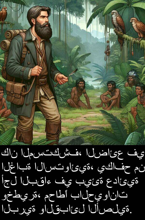 عدائية: كان المستكشف، الضائع في الغابة الاستوائية، يكافح من أجل البقاء في بيئة عدائية وخطيرة، محاطًا بالحيوانات البرية والقبائل الأصلية.