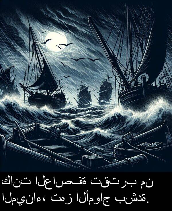 الميناء،: كانت العاصفة تقترب من الميناء، تهز الأمواج بشدة.