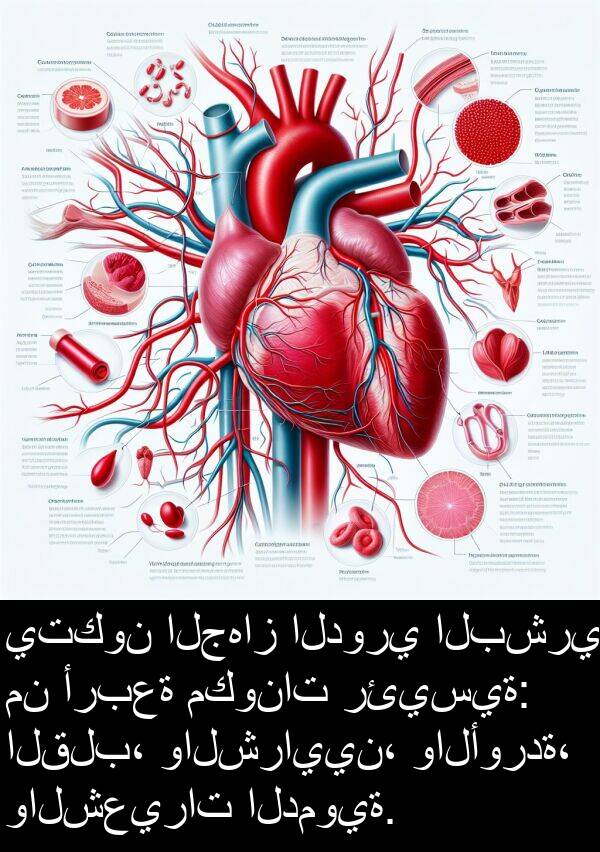 رئيسية: يتكون الجهاز الدوري البشري من أربعة مكونات رئيسية: القلب، والشرايين، والأوردة، والشعيرات الدموية.