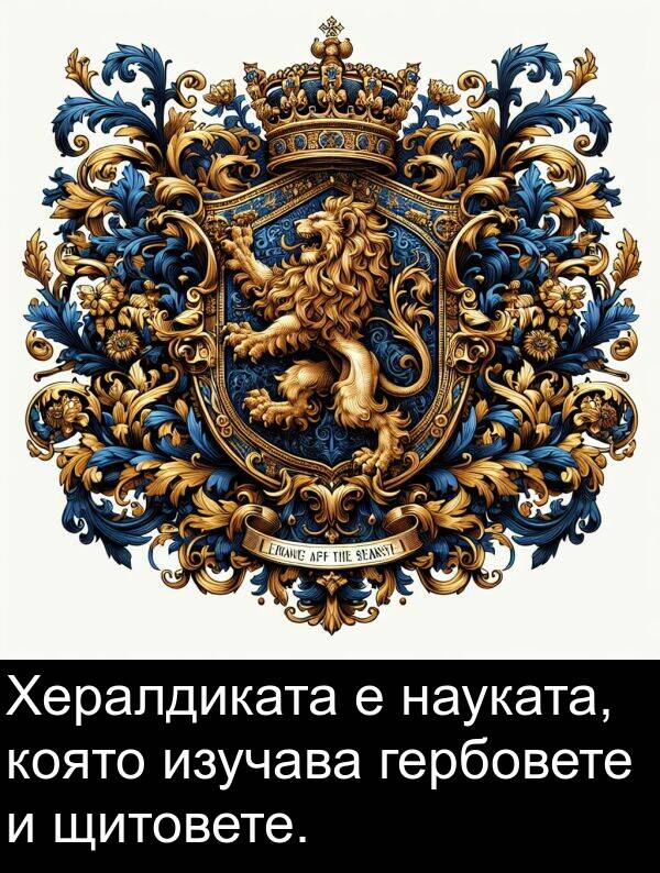 изучава: Хералдиката е науката, която изучава гербовете и щитовете.