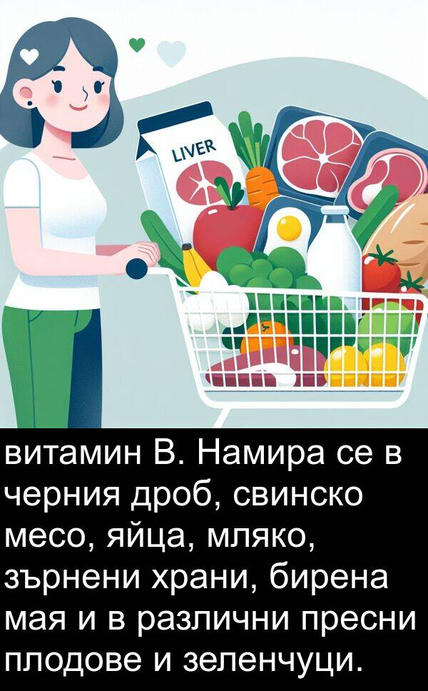 зеленчуци: витамин B. Намира се в черния дроб, свинско месо, яйца, мляко, зърнени храни, бирена мая и в различни пресни плодове и зеленчуци.