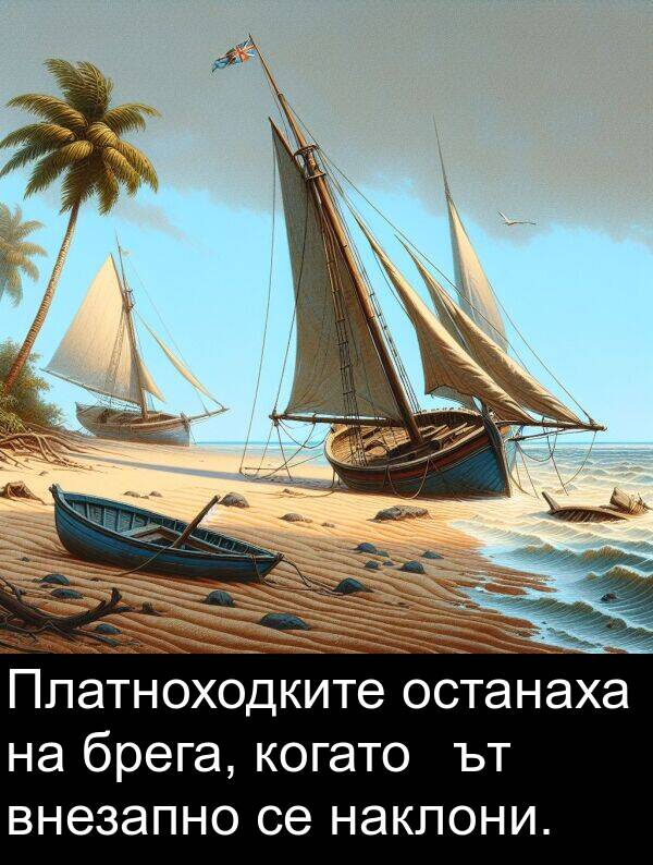 брега: Платноходките останаха на брега, когато潮ът внезапно се наклони.